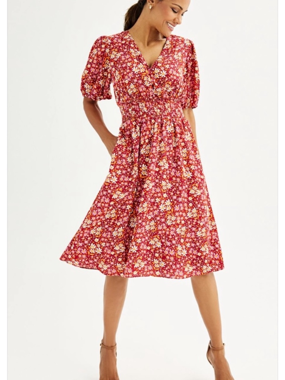 Draper James Red Floral V-Neck Smocked Midi Dress